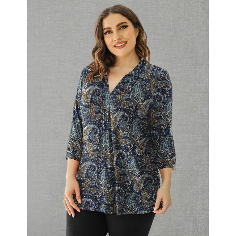 Plus Size Women's Tops Rayon Spandex 3/4 Sleeve V Neck Casual Blouse - Picture 6 of 6
